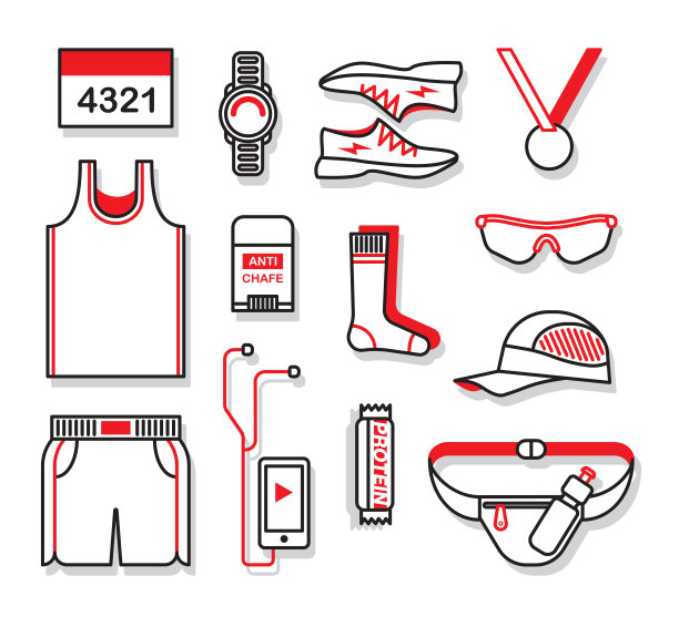 跑步用的衣服和配件。矢量插图集。图片下载
