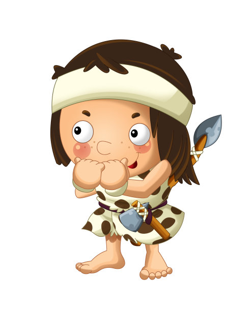 卡通场景与快乐的野人野蛮战士与矛和斧头在白色的背景图片下载