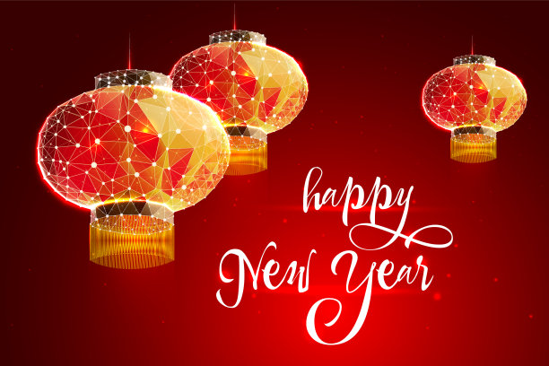 2019年春节快乐。低聚线框艺术灯在红色的背景。星图以星空或空间的形式出现的插图，由点、线和星星的形状组成向量图片下载
