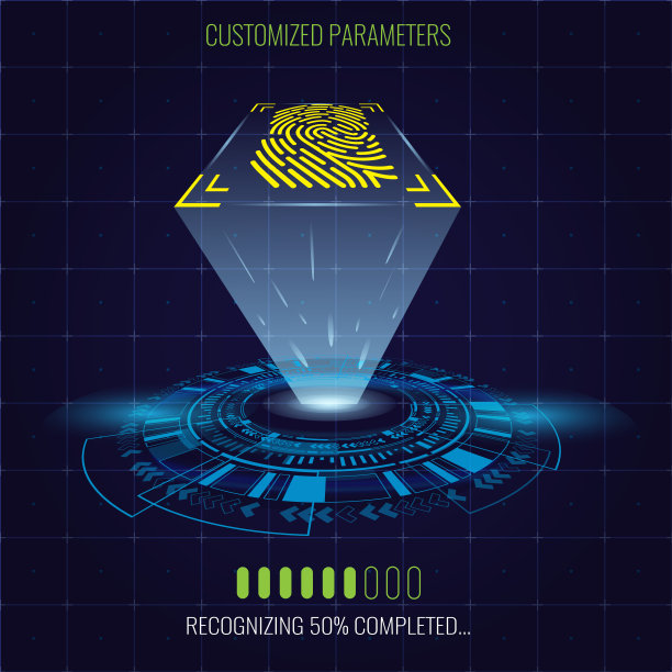 数字指纹识别系统与照明和圆形hud元素。矢量插图。图片下载