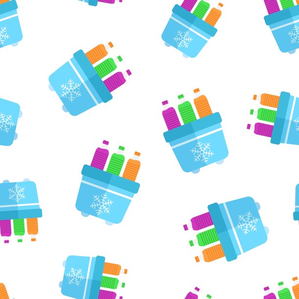 便携式冰箱冰箱与水瓶图标无缝模式背景。冷冻袋容器矢量图。冰箱和汽水饮料符号图案。图片下载
