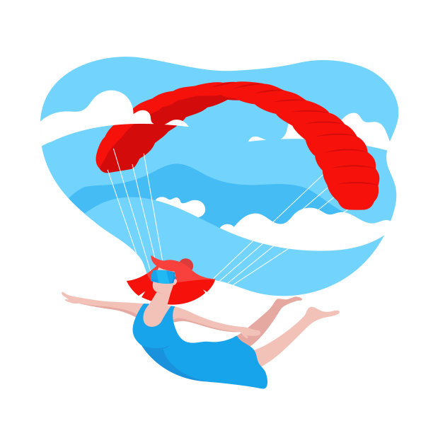 戴着现代3d眼镜玩VR游戏的女性。虚拟现实的概念。女孩用降落伞飞行，蓝天和云彩的背景。彩色插图在卡通风格在平面设计图片下载