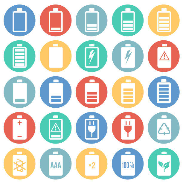 电池图标设置在彩色圆圈背景图形和网页设计，现代简单的矢量符号。网络的概念。时髦的符号为网站设计网页按钮或移动应用程序。图片下载