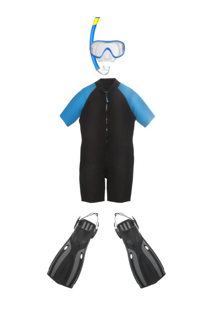 水肺潜水设备-潜水面罩，潜水服和脚蹼隔离在一个白色的背景。图片下载