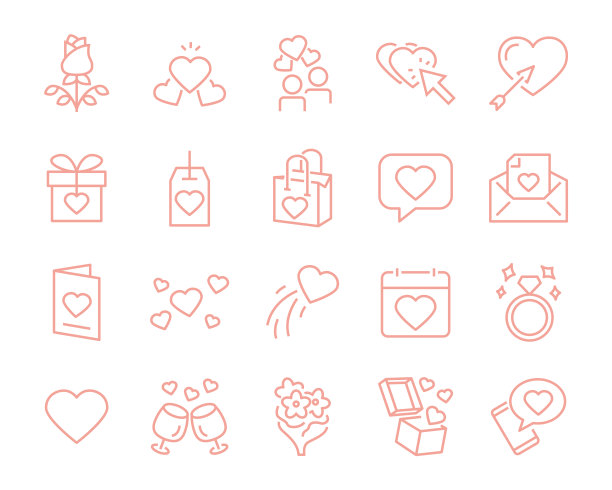 一套爱情图标，如心，礼物，卡片，情人节，婚礼图片下载