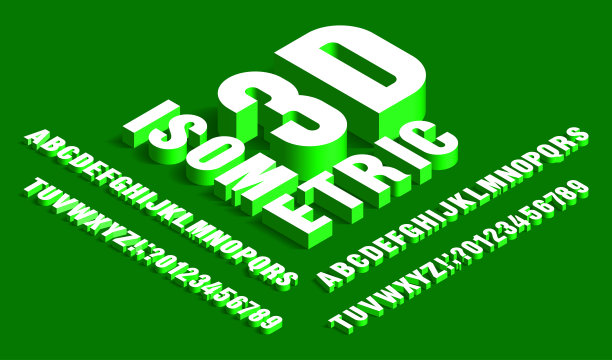三维等距字母字体。白色和绿色。3d效果的字母和数字与阴影。图片下载