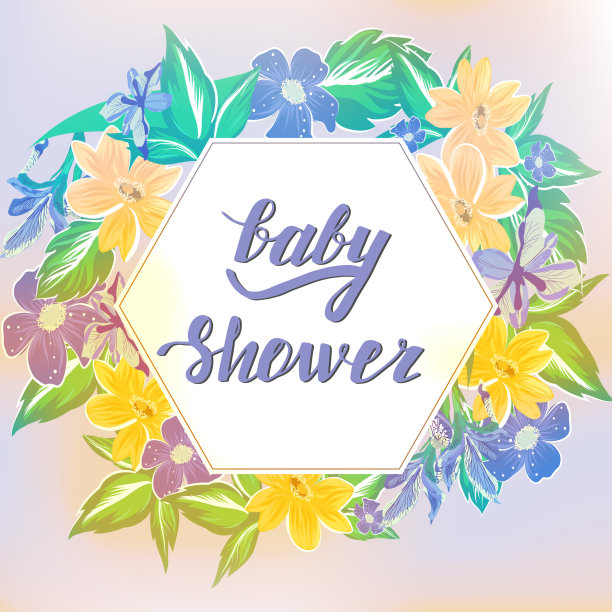 带花的婴儿送礼会邀请卡。波西米亚矢量模板与手绘字母短语。图片下载