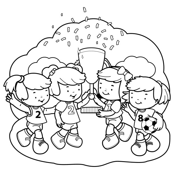 女孩足球运动员拿着奖杯。矢量黑白涂色书页图片下载
