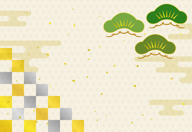 日式背景-云，金叶，松木-素材图片