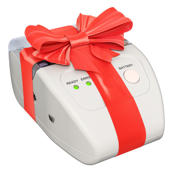 收据打印机POS与蝴蝶结和丝带，礼物的概念。3D渲染孤立的白色背景图片下载
