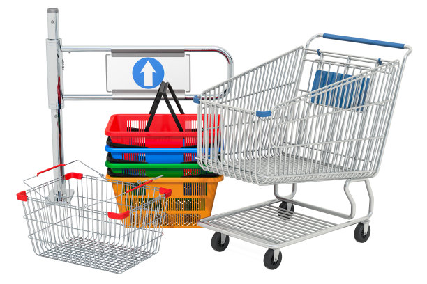 带购物车和购物篮的商店入口大门。3D渲染孤立的白色背景图片下载