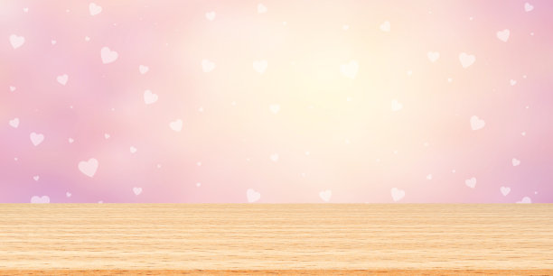 抽象模糊美丽的粉色梯度和白色闪光发光全景背景与白色心形闪烁星光和现代木材透视情人节2月14日的概念图片下载