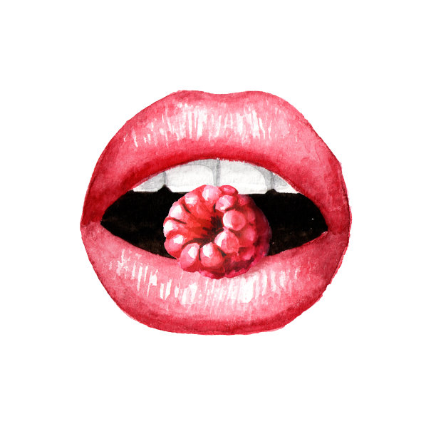 性感的嘴唇与覆盆子。水彩手绘插图，孤立的白色背景图片下载