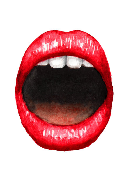 性感开放的嘴唇与红色的口红和白色的牙齿。水彩手绘插图，孤立的白色背景图片下载