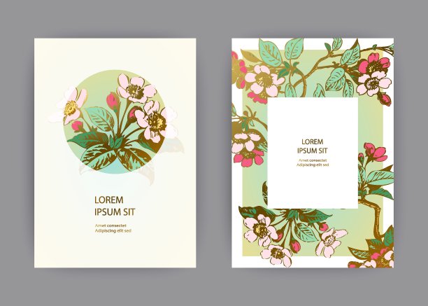 植物婚礼请柬模板设计，手绘樱花花叶枝，粉彩复古乡村与圆形和矩形框架在绿金背景，复古风格向量图片下载