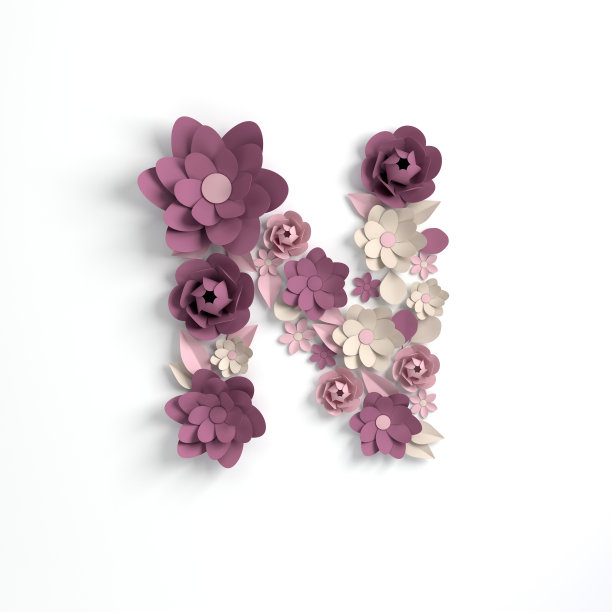 纸花字母N三维渲染。粉彩花在现代纸艺术折纸风格。平面铺设数字插图。孤立在白色图片下载