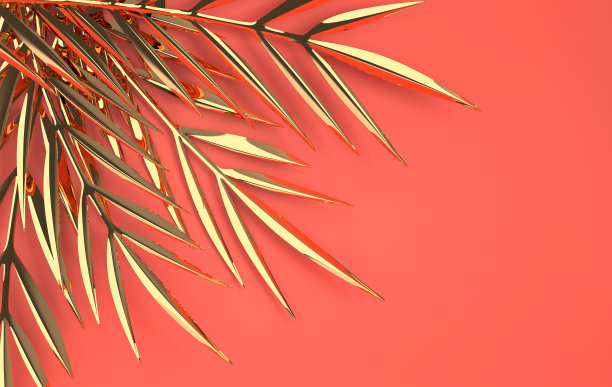 热带棕榈叶呈金黄色，有光泽。夏季热带金属叶。异国情调的夏威夷丛林树叶，夏日背景。珊瑚的颜色。最小的风格。三维渲染图片下载