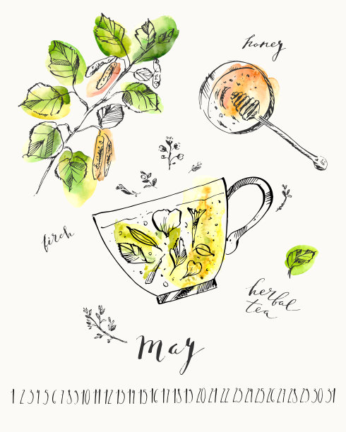 五月日历与水墨书法元素和春天草药茶与蜂蜜和桦树枝。图片下载