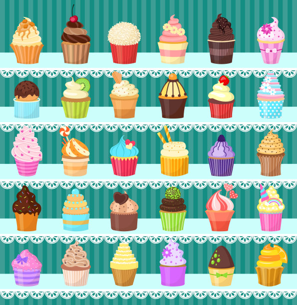 架子上有一套纸杯蛋糕。用水果、巧克力、糖屑装饰的甜糕点。矢量图图片下载