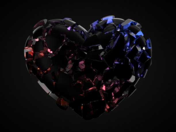 破碎和溶解内部有水晶的黑暗心脏。情人节的概念。三维演示图片下载