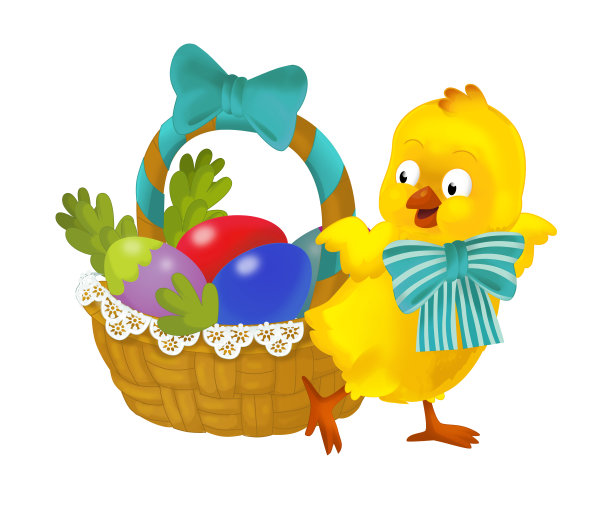 卡通快乐复活节鸡与复活节篮子满彩色蛋在白色的背景图片下载