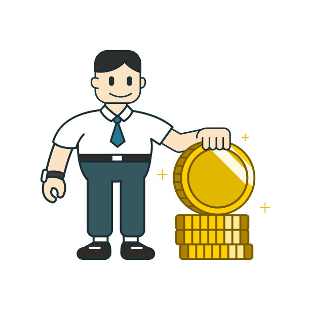 矢量卡通的经营理念，一个商人与大硬币堆叠图片下载