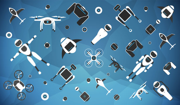 现代机器人集矢量插图时尚的机器人，无人机，自主车辆，飞行汽车图片下载