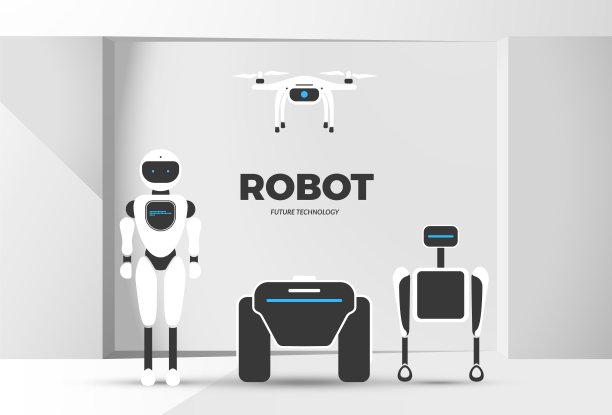 现代机器人设置矢量插图时尚的机器人，无人机，自主车辆在房间图片下载