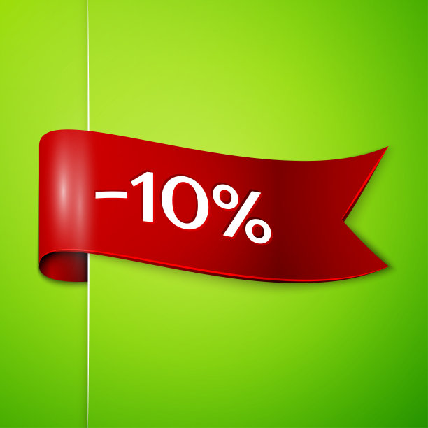 现实的红色丝带与文字10%的折扣，绿色背景。色彩逼真的贴纸，横幅出售，购物，市场，商业主题。用于设计的向量模板图片下载