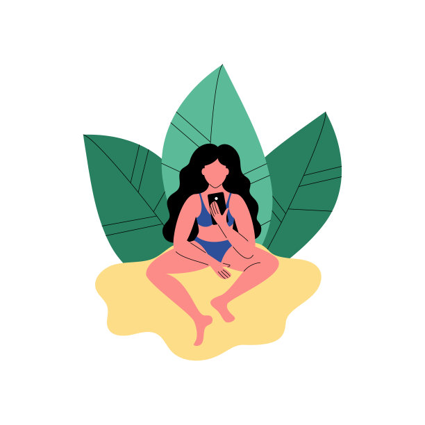 海滩上的一个女人在用智能手机。矢量插图。图片下载