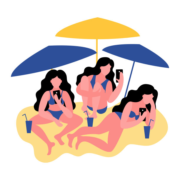 三个穿着比基尼的女人在用智能手机。女性的鸡尾酒。矢量插图。图片下载