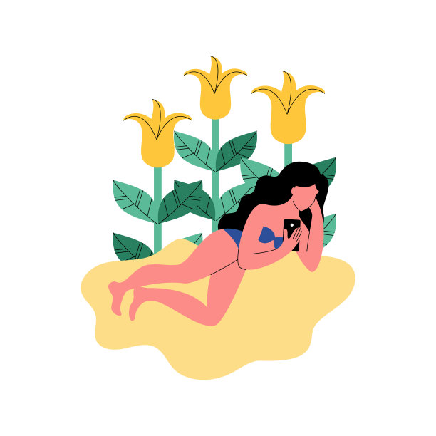 海滩上的一个女人在用智能手机。矢量插图。图片下载