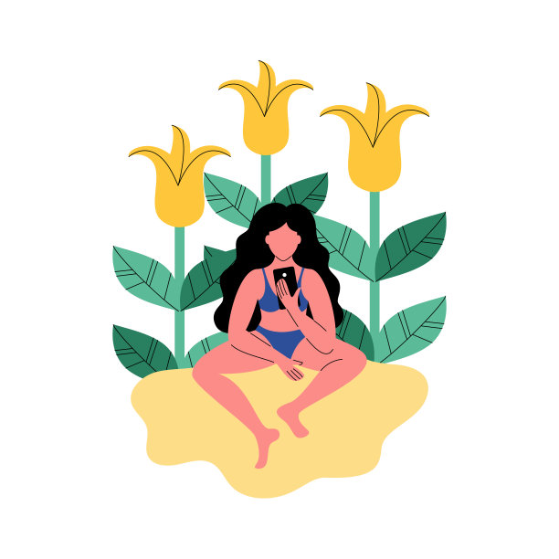 海滩上的一个女人在用智能手机。矢量插图。图片下载