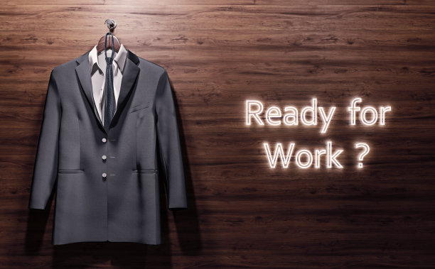 西装挂在木墙上，构思一个新的工作机会或职业，准备工作问题，3d渲染图片下载