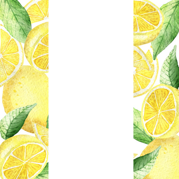 水彩画框黄色柠檬和绿色薄荷叶孤立在白色的背景。水彩手绘插画，热带奇异的水果为美丽的设计。图片下载