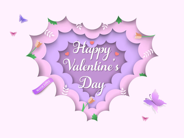 情人节层叠3d背景与心形云，春花，郁金香，树枝，绿叶，蝴蝶，丝带。粉红色和紫色粉彩剪纸框架。矢量图图片下载