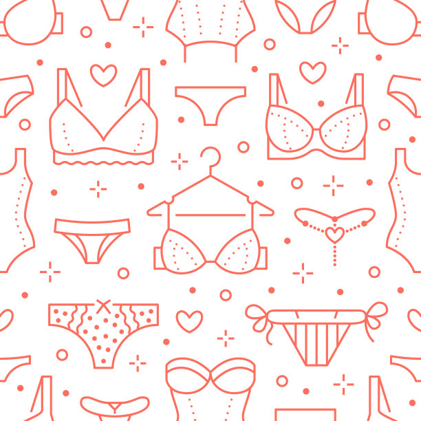 内衣无缝模式与平线图标的胸罩类型，内裤。女人内衣背景，矢量插图胸罩，比基尼，泳装。可爱的红白墙纸的服装店图片下载