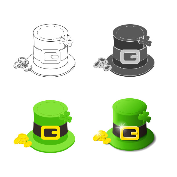 圣帕特里克节帽子上有三叶草和金币不同风格的孤立图标图片下载