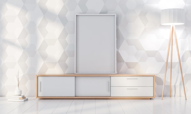 海报框架模型站在现代室内控制台与白色纹理固体墙图片下载