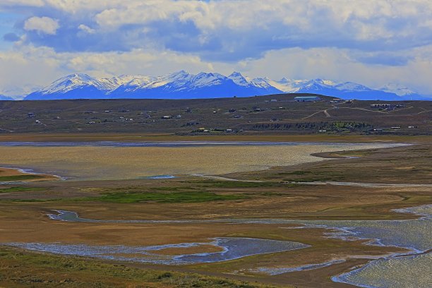 阿根廷湖岸边和雪封安第斯山脉–巴拉法特，巴塔哥尼亚图片下载