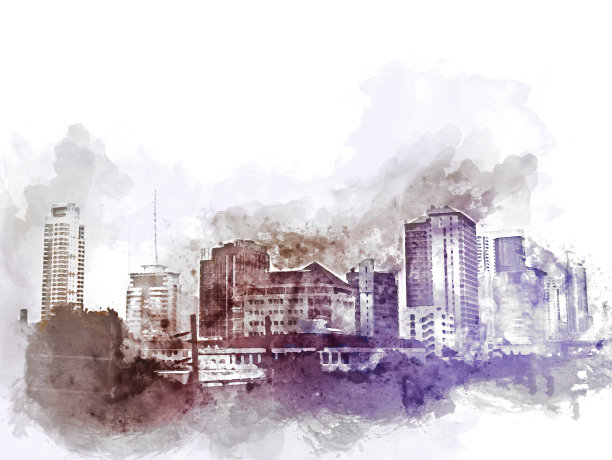 以城市抽象的色彩建筑为背景绘制水彩插画。图片下载