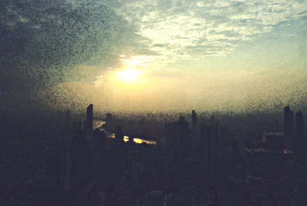 以城市抽象的色彩建筑为背景绘制水彩插画。图片下载