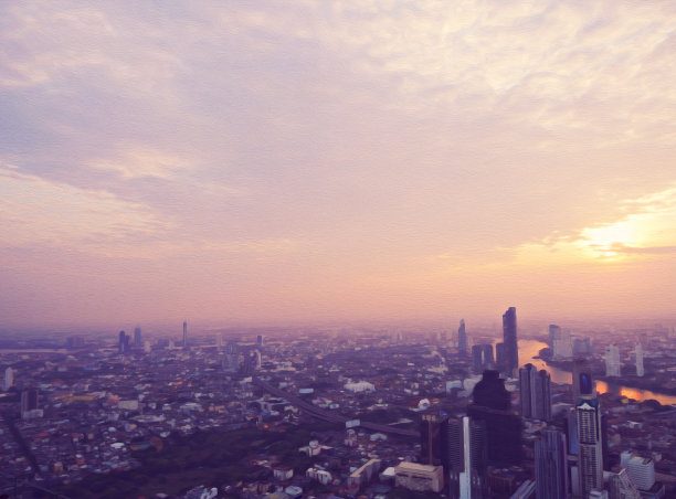 美丽的都城在日出的黄昏上以水彩插画为背景。图片下载