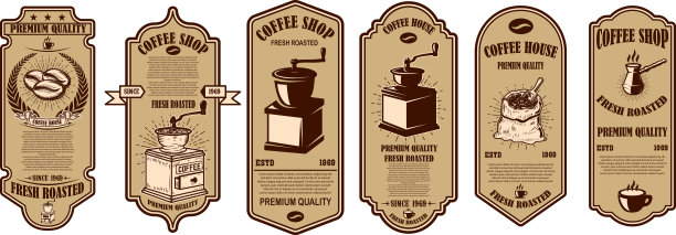 一套老式咖啡店传单模板。标签，标识，徽章的设计元素。图片下载