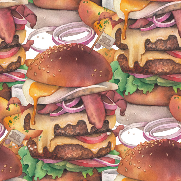 巨大的水彩画汉堡配以爱达荷州的土豆图片下载