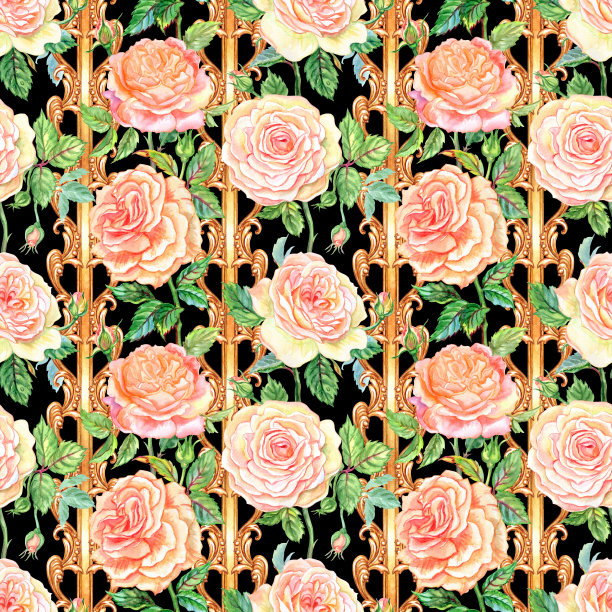 精致的茶玫瑰图案在黑色的背景图片下载