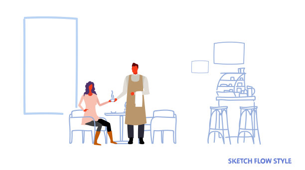 男服务员为坐在咖啡桌旁的女客人端咖啡饮料现代餐厅内部的男女性卡通人物全长素描流动风格水平图片下载