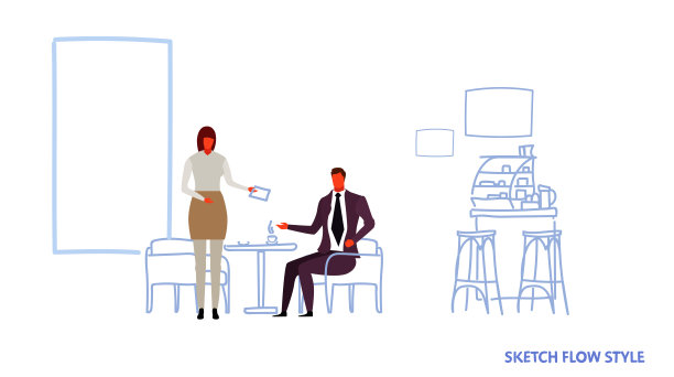 女服务员点菜男客人坐在咖啡桌喝咖啡现代餐厅内部男女人物全长素描流动风格水平图片下载