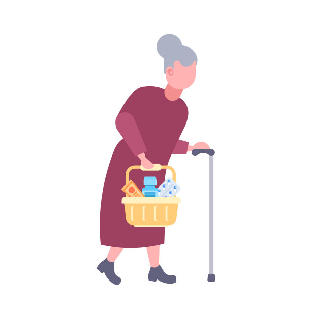 老年妇女拄着拐杖提着购物篮超市顾客概念女性卡通人物全长扁平孤立图片下载