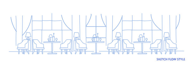 现代咖啡厅室内设计空无人餐厅，圆桌周围的椅子素描流动风格横旗图片下载